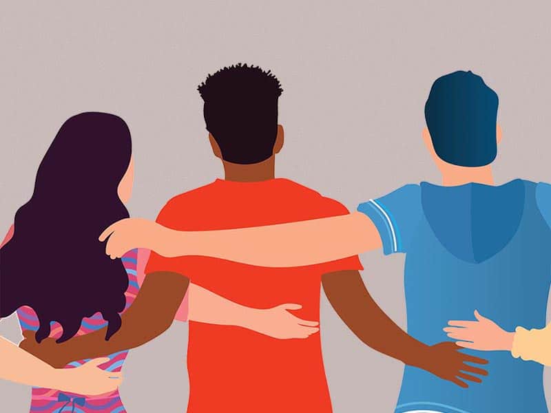 Illustration of a diverse group of people with their arms around each other, symbolizing client support and community.