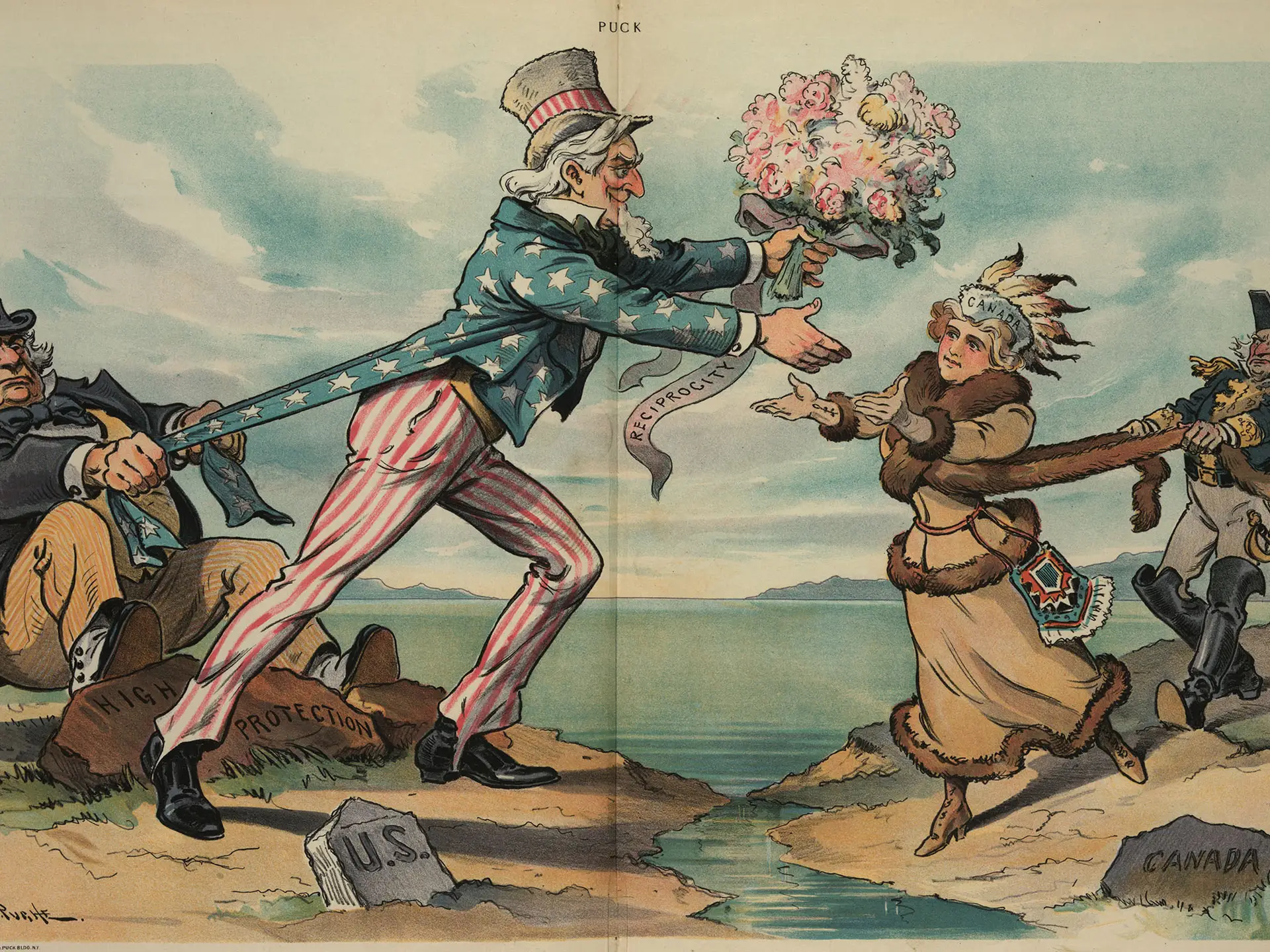 Political cartoon of Uncle Sam offering 'Reciprocity' to Canada, illustrating historical trade debates at the U.S.-Canada bor