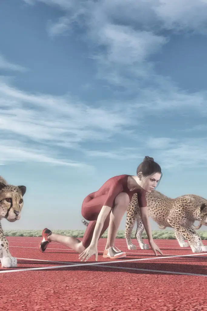 A woman in a starting block position on a running track, ready to race against two cheetahs, symbolizing business competition