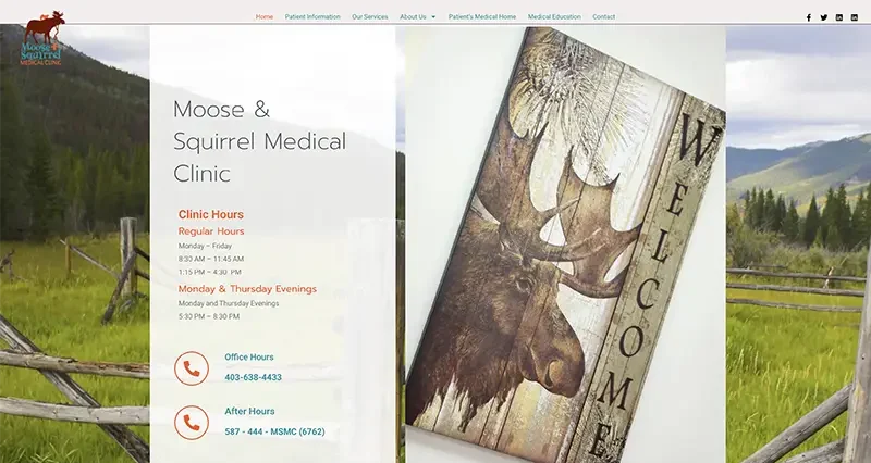 Homepage of the Moose & Squirrel Medical Clinic website, showcasing a clean design with clinic hours and contact information.