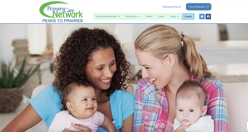 A welcoming website for a primary care network, featuring two smiling mothers with their babies, designed by Chinook Multimed
